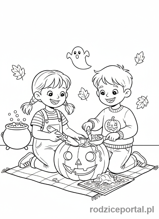 Kolorowanka Halloween - Dzieci rzeźbiące dynię