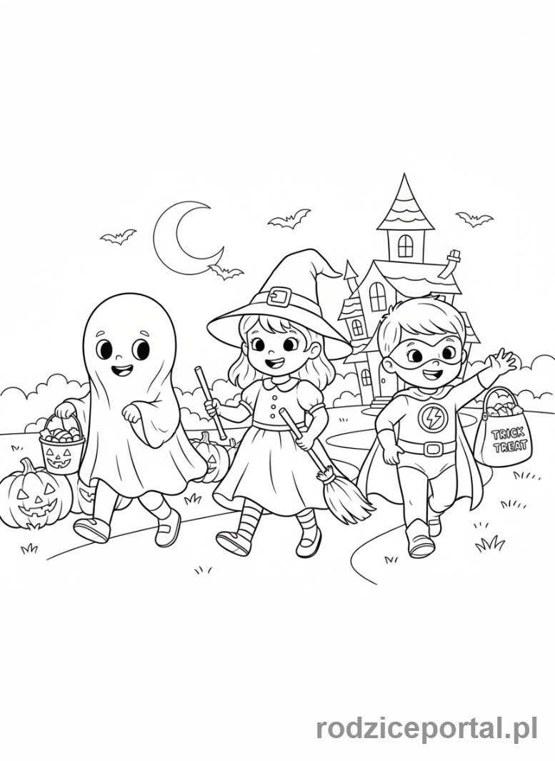 Kolorowanka Halloween - Dzieci zbierające cukierki na Halloween