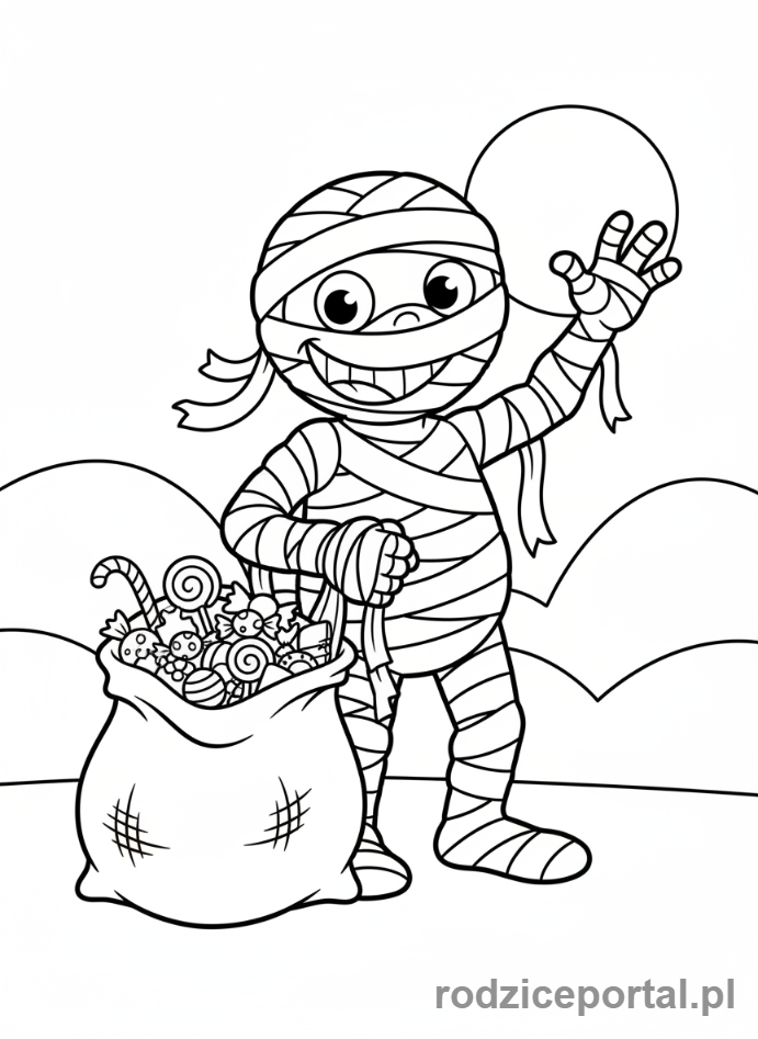 Kolorowanka Halloween - Mumia z torbą na cukierki