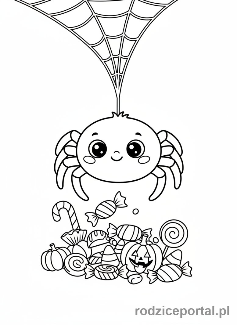 Kolorowanka Halloween - Pająk na pajęczynie z cukierkami