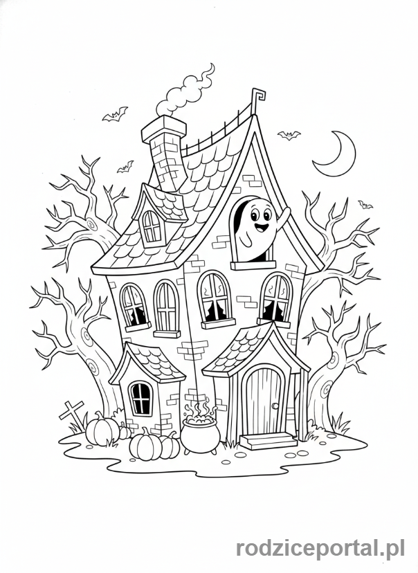 Kolorowanka Halloween - Straszny dom z przyjaznym duchem