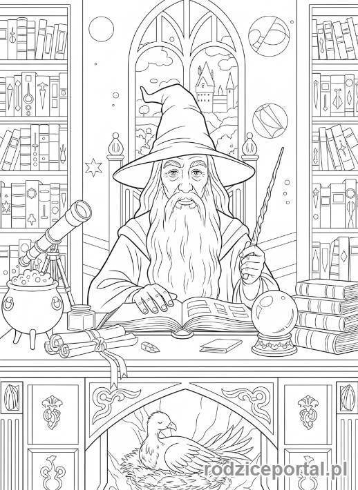 Kolorowanka Harry Potter - Albus Dumbledore w swoim gabinecie