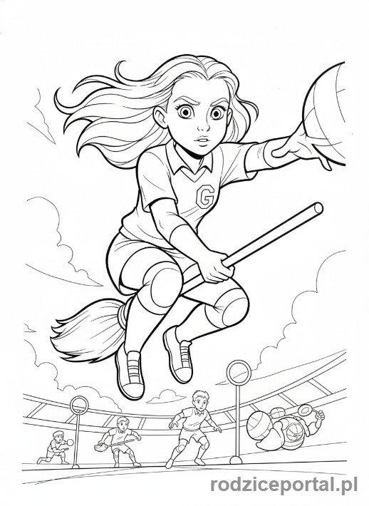Kolorowanka Harry Potter - Ginny Weasley grająca w Quidditcha