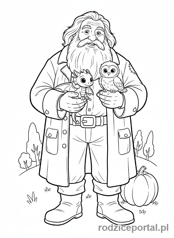 Kolorowanka Harry Potter - Hagrid trzymający małe stworzenie