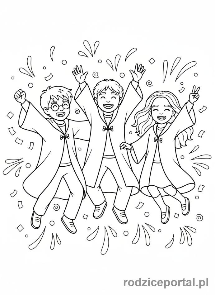 Kolorowanka Harry Potter - Harry i przyjaciele świętujący zwycięstwo