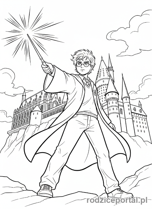 Kolorowanka Harry Potter - Harry Potter z różdżką