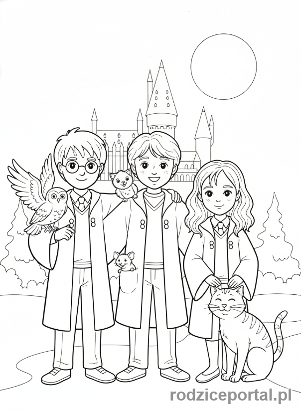 Kolorowanka Harry Potter - Harry, Ron i Hermiona ze swoimi zwierzętami