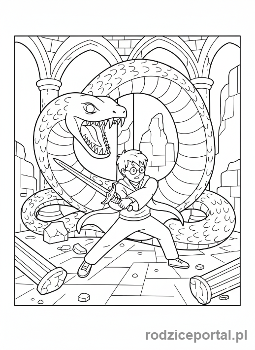 Kolorowanka Harry Potter - Harry walczący z bazyliszkiem