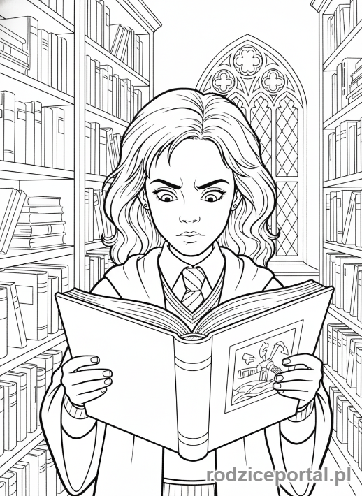 Kolorowanka Harry Potter - Hermiona czytająca książkę