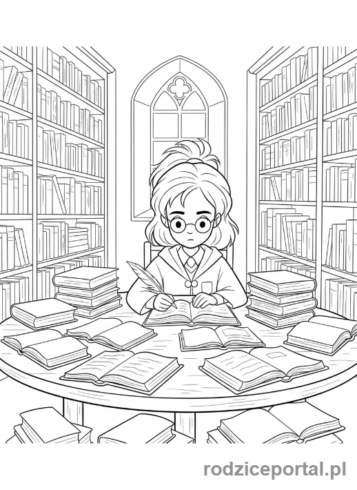 Kolorowanka Harry Potter - Hermiona czytająca w bibliotece
