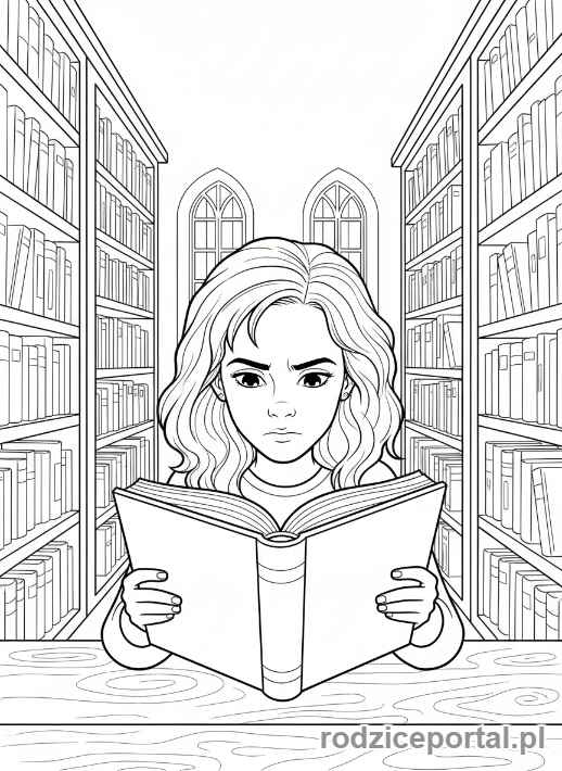Kolorowanka Harry Potter - Hermiona Granger czytająca książkę