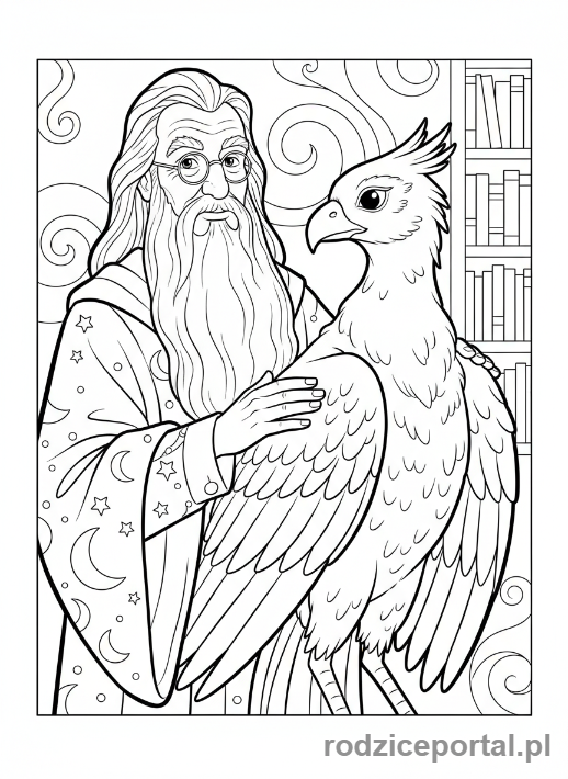 Kolorowanka Harry Potter - Profesor Dumbledore z Fawkesem