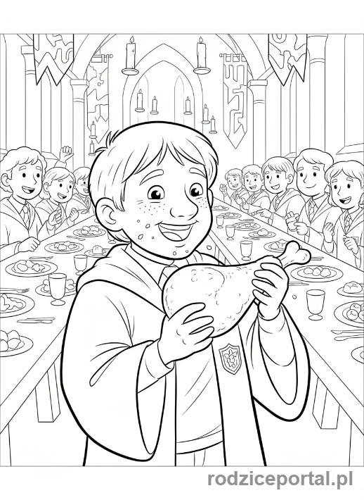 Kolorowanka Harry Potter - Ron Weasley jedzący kurczaka