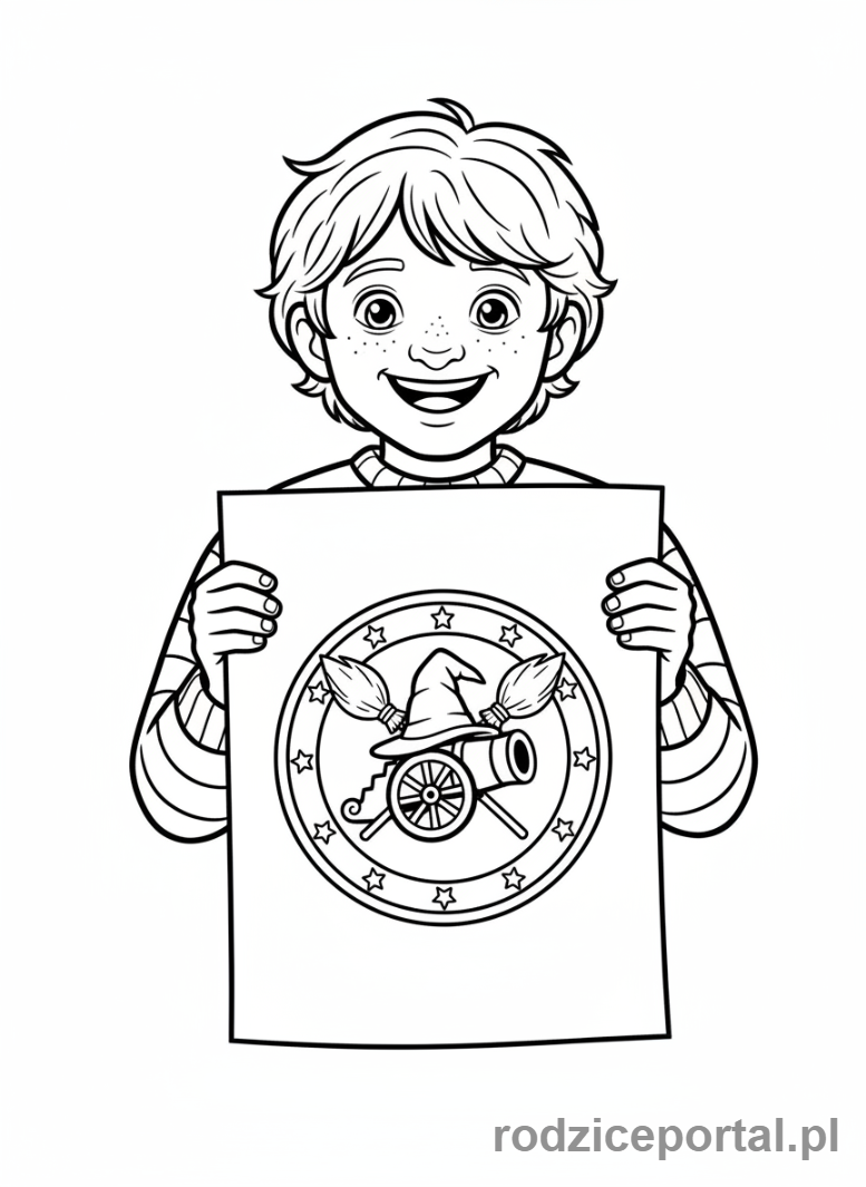 Kolorowanka Harry Potter - Ron z plakatem armat z Chudley