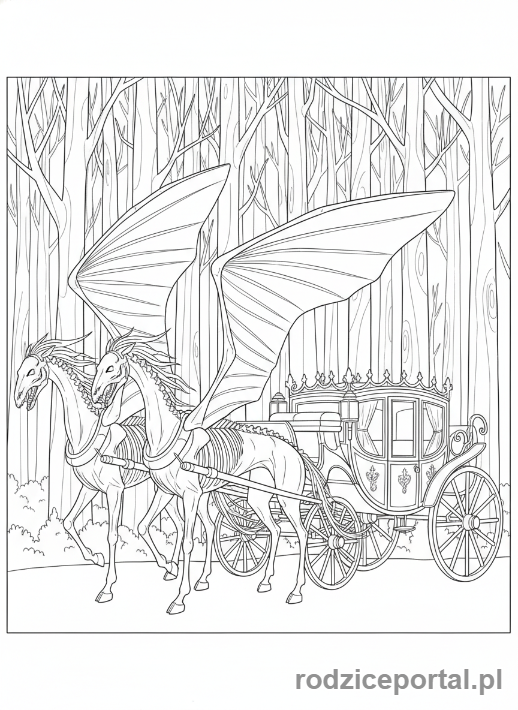 Kolorowanka Harry Potter - Testrale ciągnące powóz