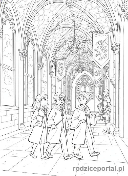 Kolorowanka Harry Potter - Trio idące korytarzem Hogwartu