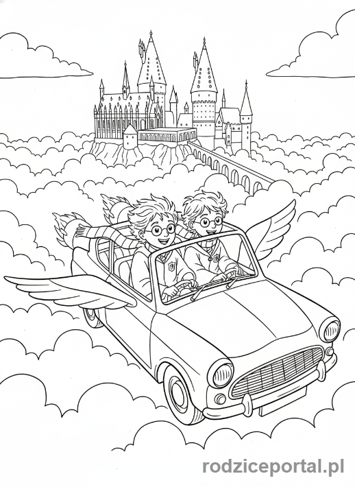 Kolorowanka Harry Potter - Trio lecące Fordem Anglią