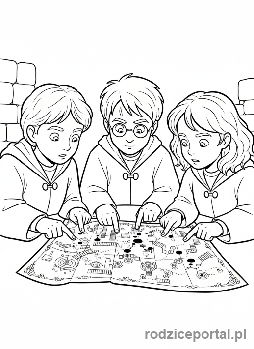 Kolorowanka Harry Potter - Trio oglądające Mapę Huncwotów