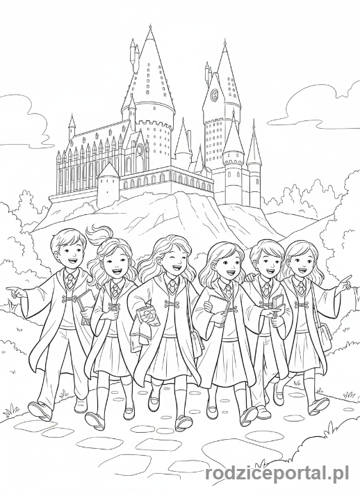 Kolorowanka Harry Potter - Uczniowie Hogwartu idący na lekcje