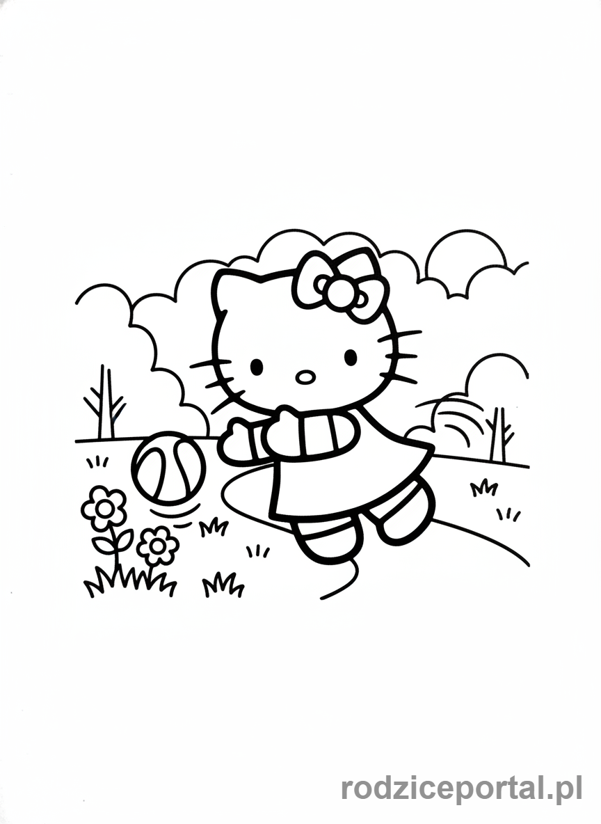 Kolorowanka Hello Kitty - Hello Kitty bawiąca się piłką