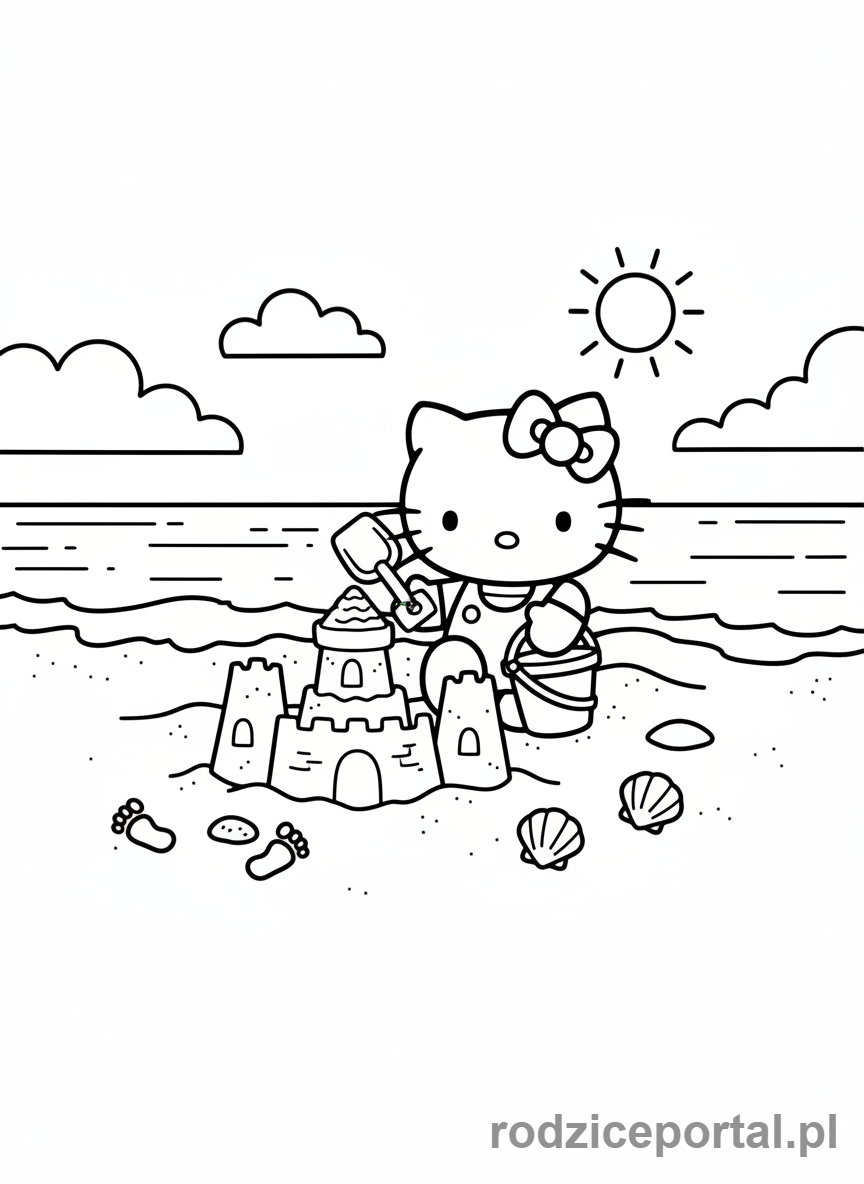 Kolorowanka Hello Kitty - Hello Kitty budująca zamek z piasku