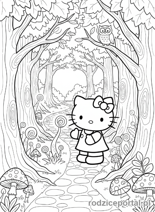 Kolorowanka Hello Kitty - Hello Kitty eksplorująca las