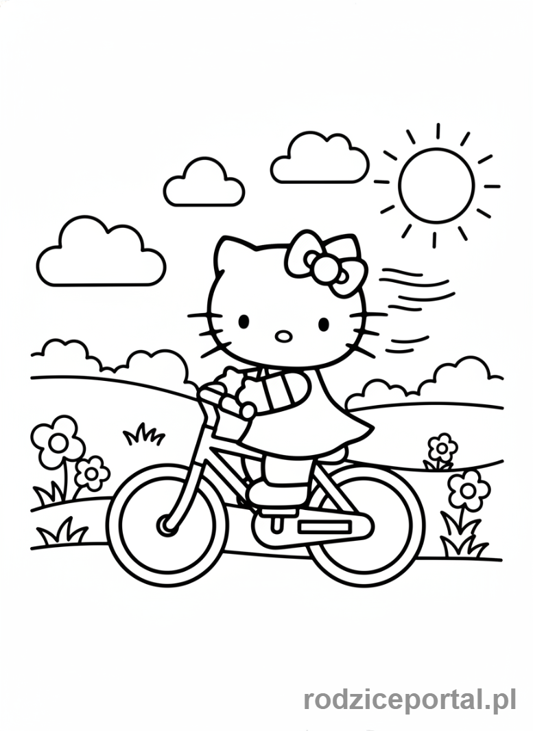 Kolorowanka Hello Kitty - Hello Kitty jeżdżąca na rowerze