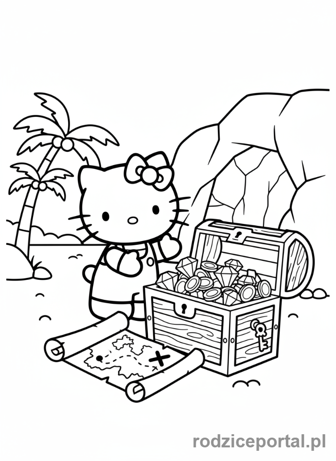 Kolorowanka Hello Kitty - Hello Kitty odnajdująca skrzynię skarbów