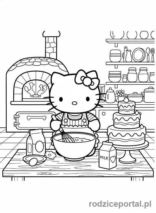 Kolorowanka Hello Kitty - Hello Kitty piekąca ciasto