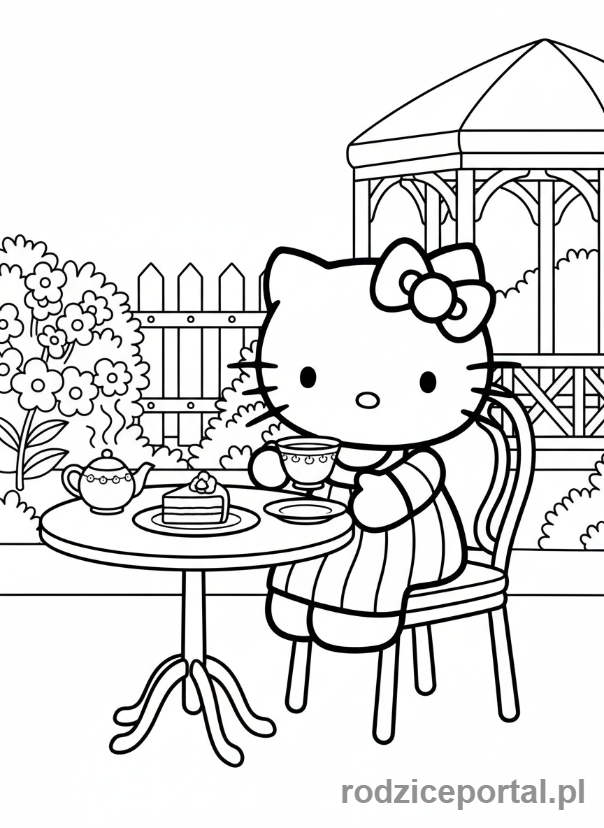 Kolorowanka Hello Kitty - Hello Kitty pijąca herbatę