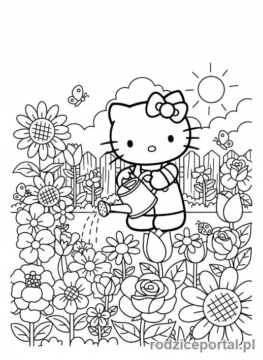 Kolorowanka Hello Kitty - Hello Kitty podlewająca kwiaty