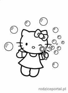Kolorowanka Hello Kitty - Hello Kitty puszczająca bańki mydlane