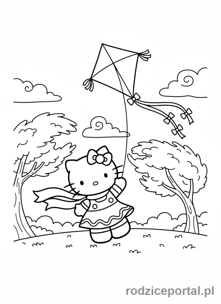 Kolorowanka Hello Kitty - Hello Kitty puszczająca latawiec