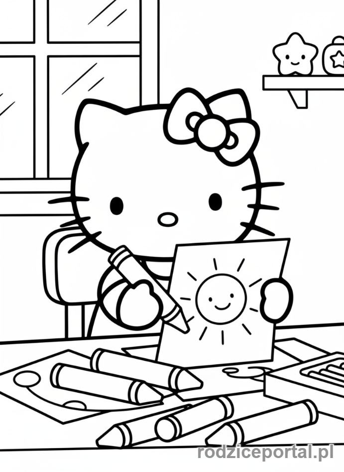 Kolorowanka Hello Kitty - Hello Kitty rysująca kredkami