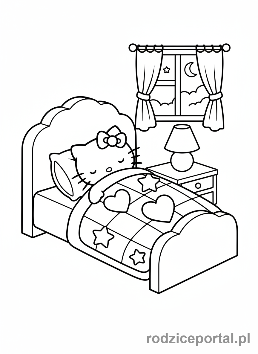 Kolorowanka Hello Kitty - Hello Kitty śpiąca w łóżku