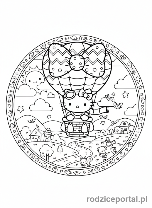 Kolorowanka Hello Kitty - Hello Kitty w balonie na gorące powietrze