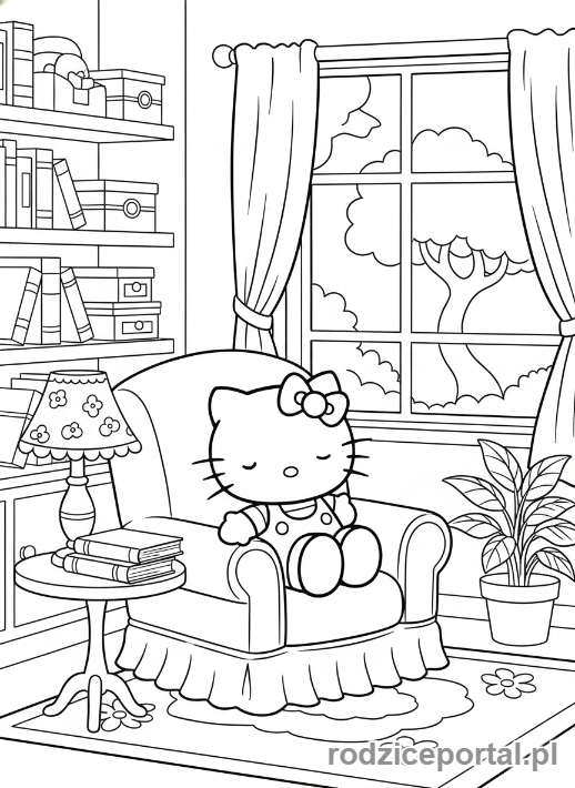 Kolorowanka Hello Kitty - Hello Kitty w przytulnym pokoju