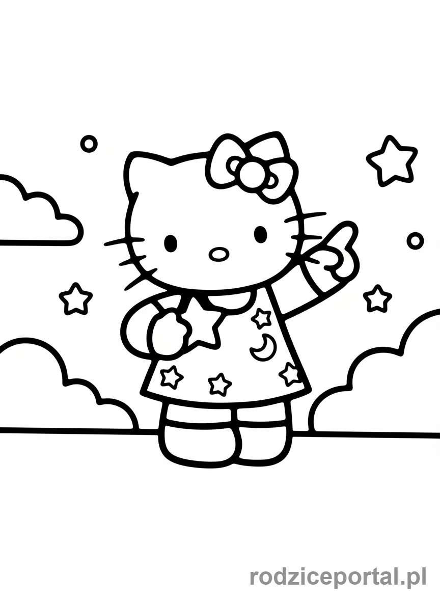 Kolorowanka Hello Kitty - Hello Kitty wskazująca na niebo
