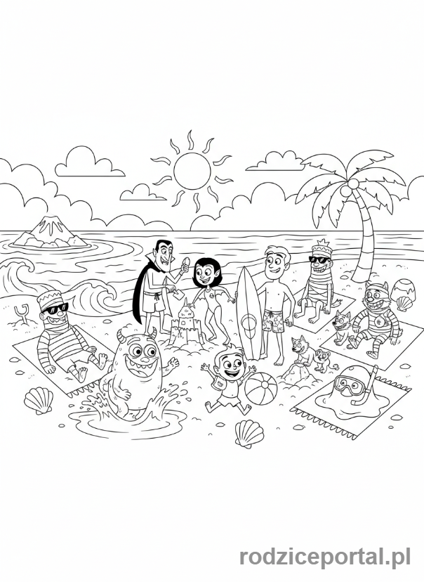 Kolorowanka Hotel Transylwania - Cała potworna rodzina na wakacjach na plaży.