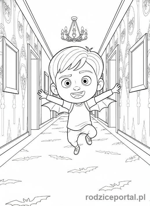 Kolorowanka Hotel Transylwania - Dennis próbujący latać za pomocą małych skrzydeł.