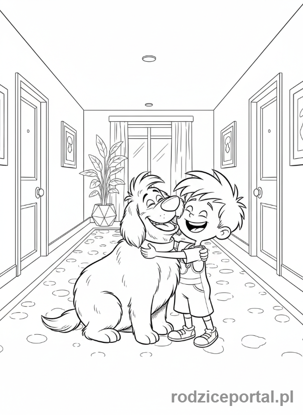 Kolorowanka Hotel Transylwania - Dennis przytulający swojego gigantycznego psa Tinklesa.