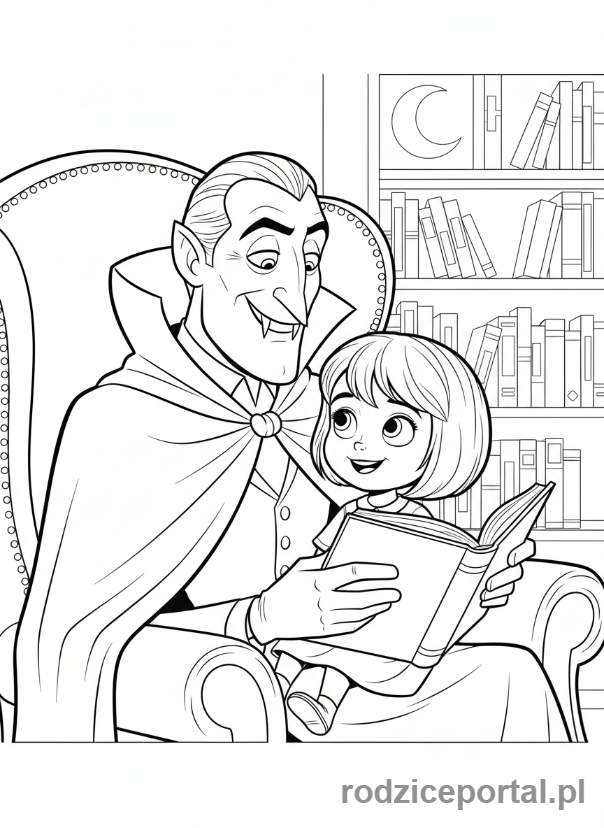 Kolorowanka Hotel Transylwania - Dracula czytający bajkę na dobranoc małej Mavis.