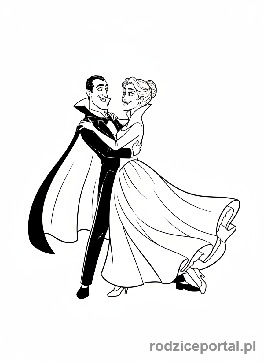 Kolorowanka Hotel Transylwania - Dracula i Ericka Van Helsing tańczący razem.