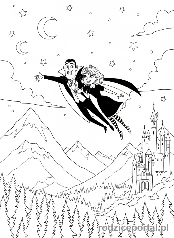 Kolorowanka Hotel Transylwania - Dracula i Mavis lecący razem pod gwiazdami.