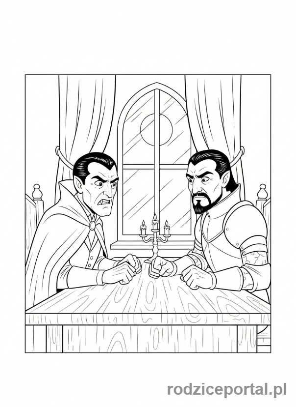 Kolorowanka Hotel Transylwania - Dracula i Vlad prowadzący poważną rozmowę.