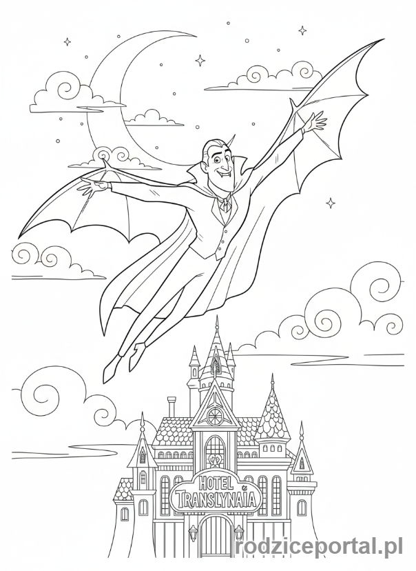 Kolorowanka Hotel Transylwania - Dracula latający nad Hotelem Transylwania nocą.