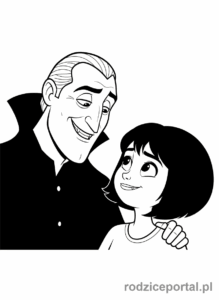 Kolorowanka Hotel Transylwania - Dracula patrzący na Mavis z dumą.