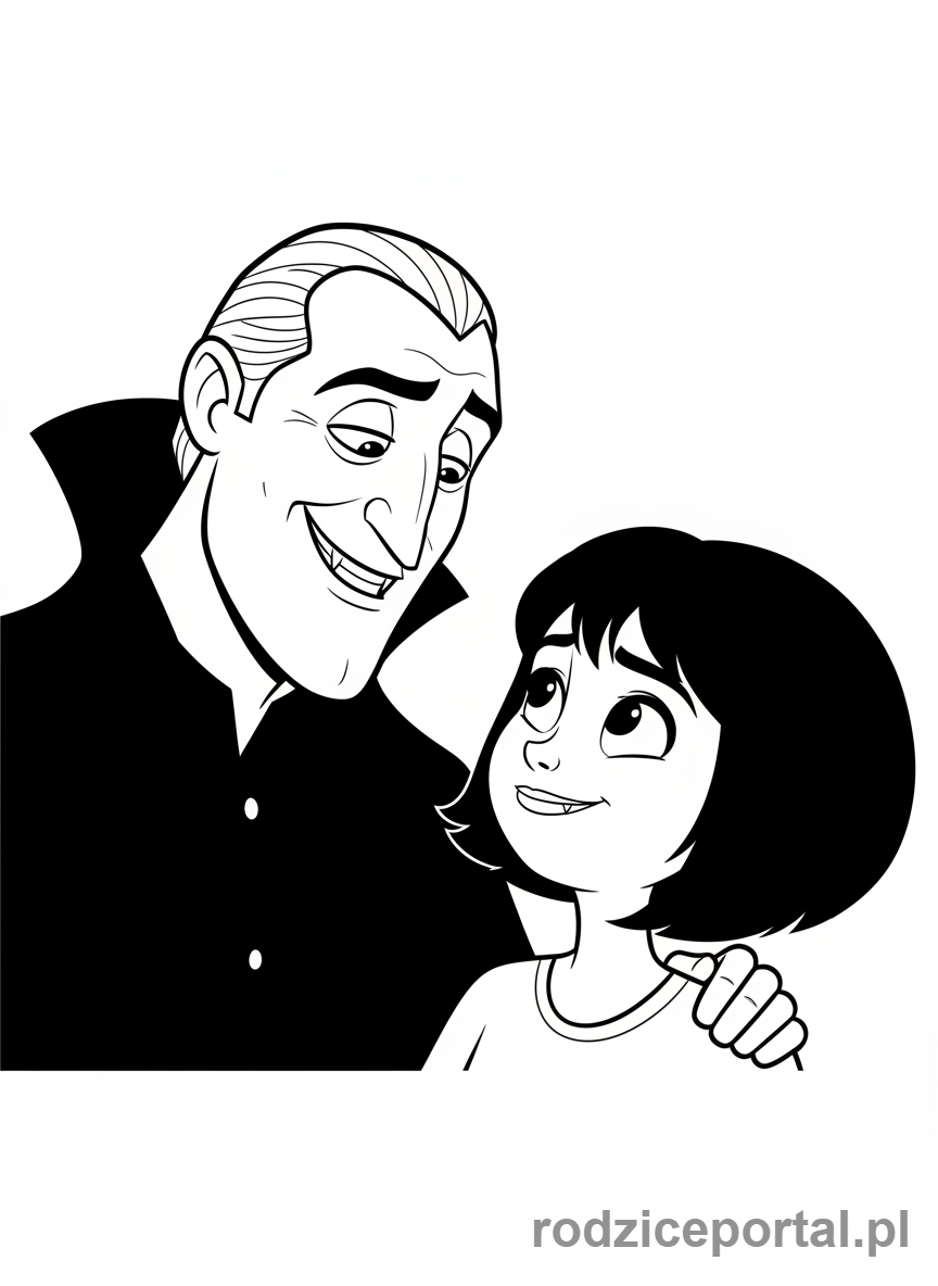 Kolorowanka Hotel Transylwania - Dracula patrzący na Mavis z dumą.