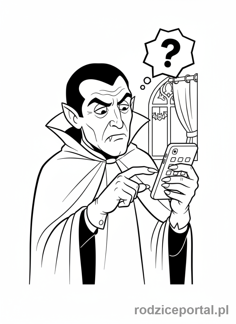 Kolorowanka Hotel Transylwania - Dracula próbujący używać smartfona, zdezorientowany.