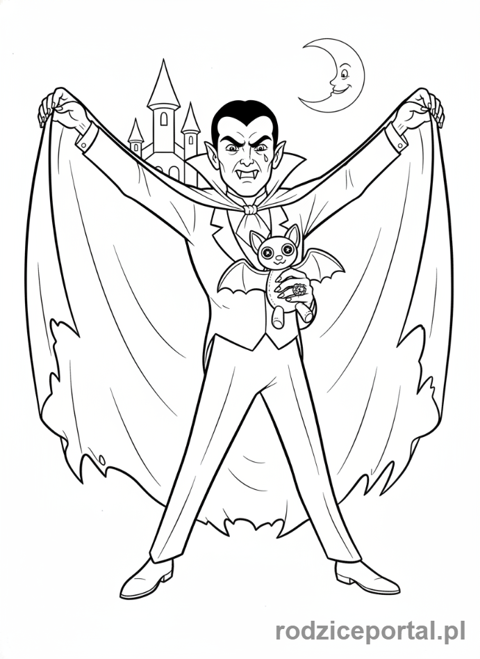 Kolorowanka Hotel Transylwania - Dracula próbujący wyglądać onieśmielająco.